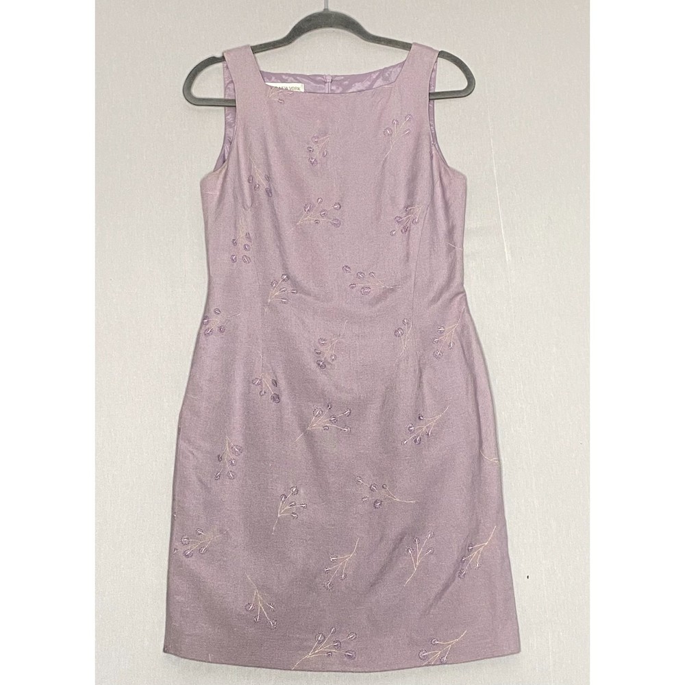 💎Jones New York Dress 6 Lilac Linen Blend Embroidered Floral Knee Length Sheath